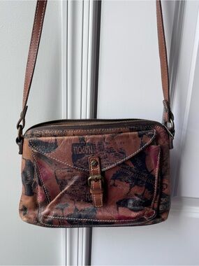 Patricia Nash Brown Leather Crossbody with Stamp Print